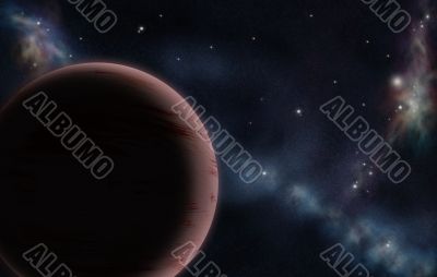 Digital created starfield with cosmic Nebula and red planet