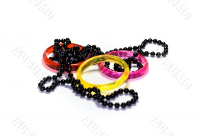 Three colour rings and necklace