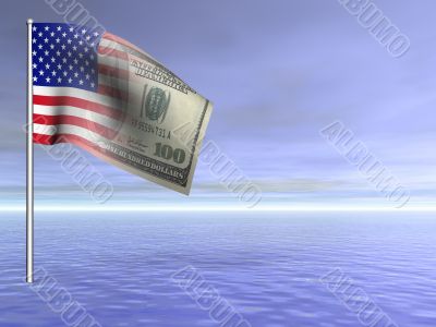 concept American flag us dollar over blue ocean water 3D rendered