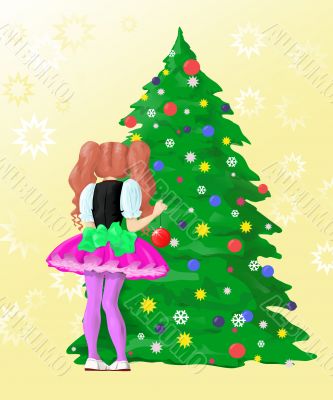 girl  decorate New Year`s tree