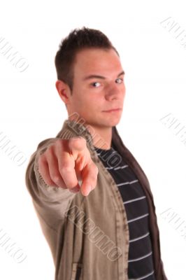 Young man points at something