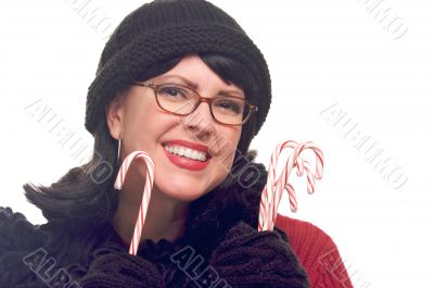 Attractive Woman Holds Candy Canes