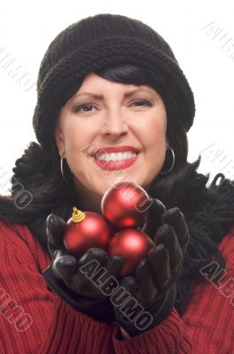 Attractive Woman Holding Red Ornaments