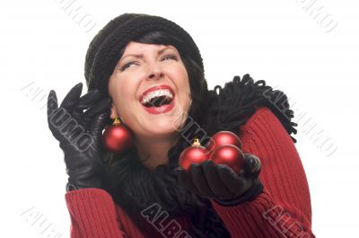 Attractive Woman Holding Red Ornaments Attractive Woman Holding Red Ornaments