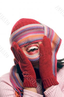 Attractive Woman With Colorful Scarf Over Eyes