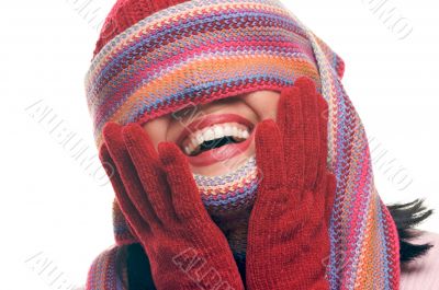 Attractive Woman With Colorful Scarf Over Eyes