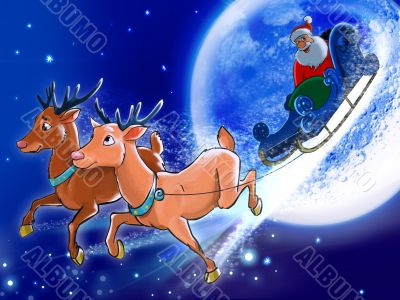 Santa is riding deers on the back of the Moon.