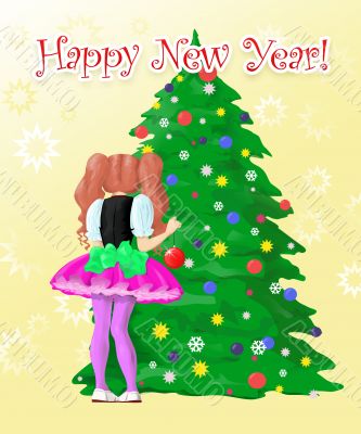 girl  decorate New Year`s tree