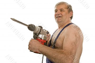 Worker with drilling machine