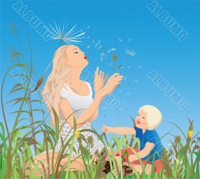 Mom, little-one and the dandelions Mom, little-one and the dandelions