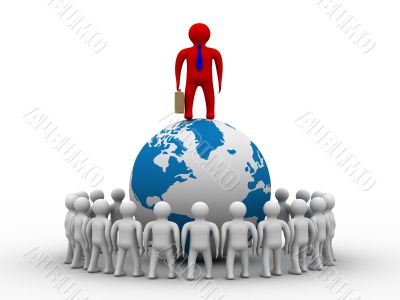 Group of people standing round globe. 3D image.