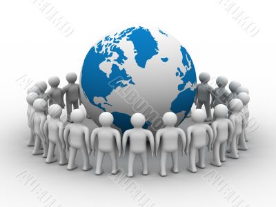 Group of people standing round globe. 3D image.