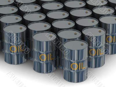 Warehouse of kegs with oil. 3D image