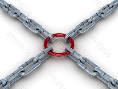 Chain fastened by a red ring. 3D image.