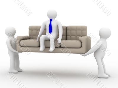Two loaders bear a sofa with the businessman. Two loaders bear a sofa with the businessman.