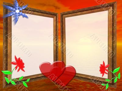 Frame for wedding, Anniversary or valentine`s day invitations with sunset background.