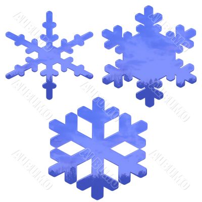 set of blue, glass effect snow flakes over white