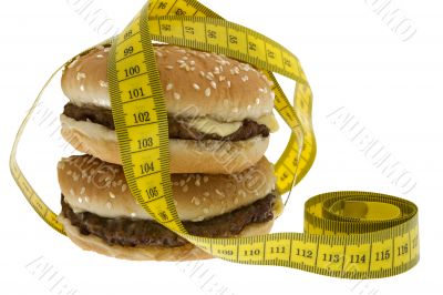 Fast food, Hamburger with measuring tape Fast food, Hamburger with measuring tape