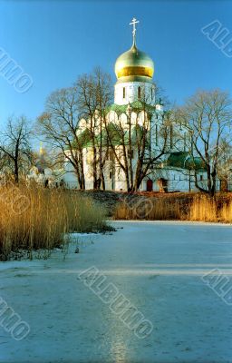 Russian church near iced pond Russian church near iced pond