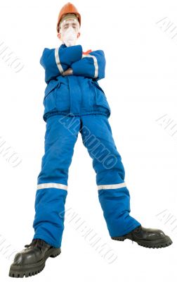 Labourer on the helmet and respirator