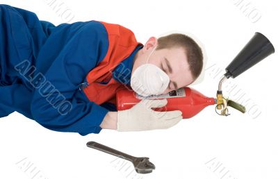 Labourer with fire extinguisher