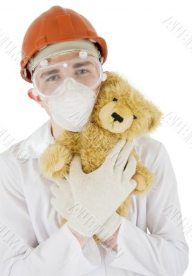 Scientist and toy bear