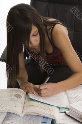 School, female student when studying