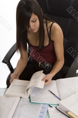 School, female student when studying