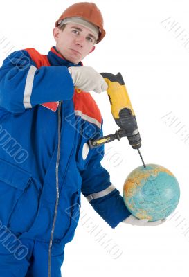 Laborer with hand drill and globe