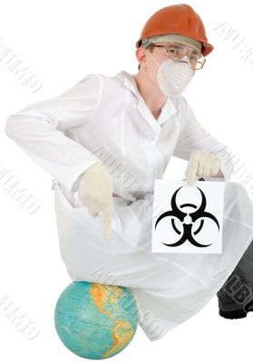 Scientist with poster biohazard sit on a globe