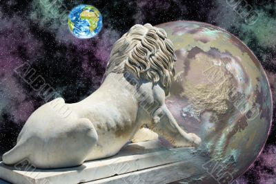 lion statue looking at earth