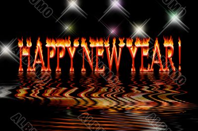 happy new year letters in fire flooding water