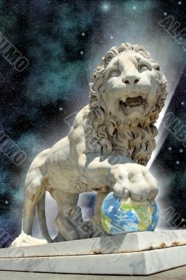 lion statue with earth