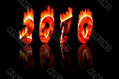 2010 new year numbers in fire with reflecting