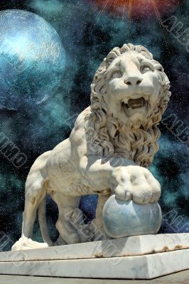 lion statue with blue planet
