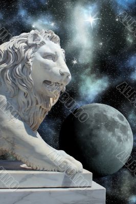 lion statue and planet in open cosmos