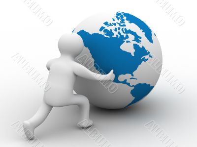 man rolls the globe on a white background. Isolated 3D image.
