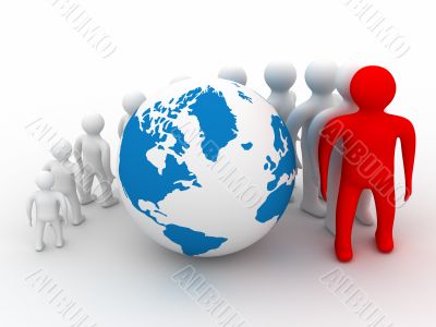 Group of people standing round globe. 3D image.