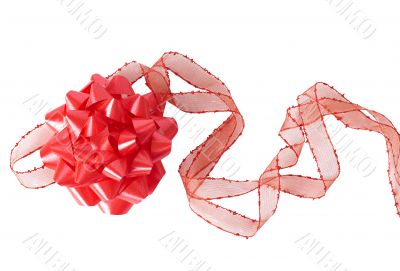 Red bow with ribbon on white