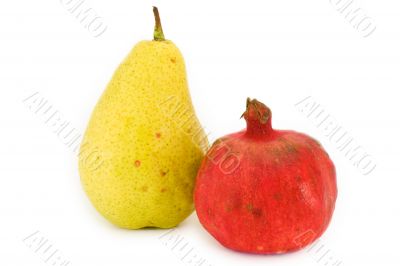 Pear and pomegranate isolated on white background