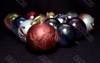 Red glass sphere with Christmas decoration Red glass sphere with Christmas decoration