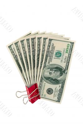 Dollars in red binder isolated on white background