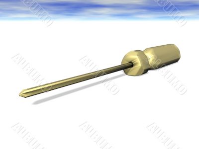 Golden screw-driver with shadow over white, 3D render