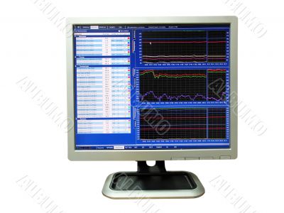 lcd monitor showing falling graphs, isolated over white background