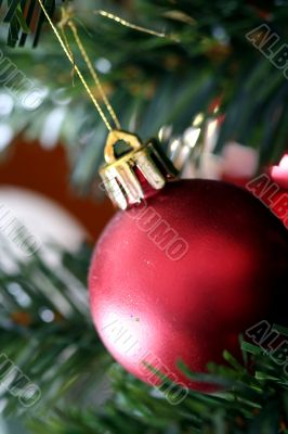 Christmas ornaments on tree.