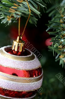 Christmas ornaments on tree.