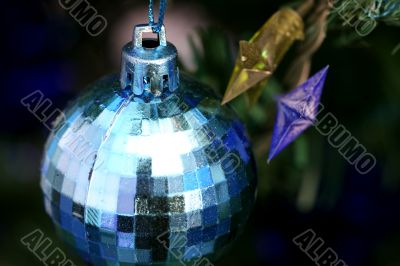 Christmas ornaments on tree.