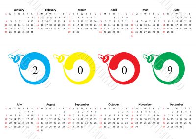 Calendar of 2009. Sunday is first