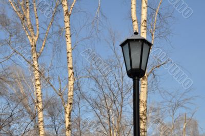 Lantern on winter background and blue sky.