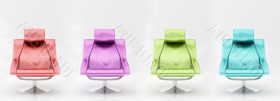 Four multi-coloured armchairs